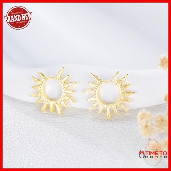 14K Gold Plated Hoop Earrings Hypoallergenic Spike Huggie 2 Inch - Picture 5 of 6